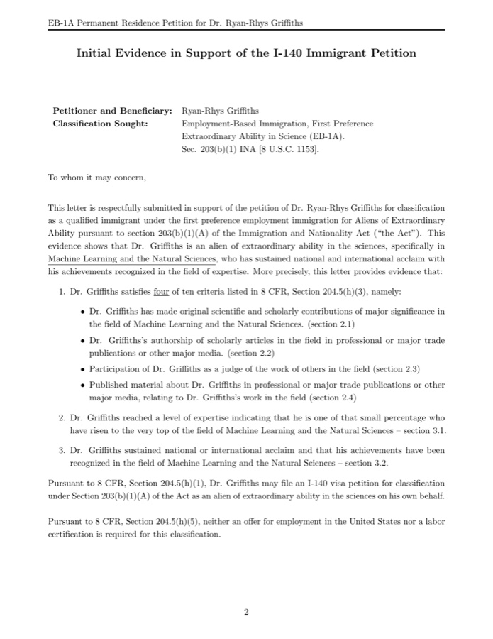 Cover page of Dr. Griffiths' approved EB-1A petition